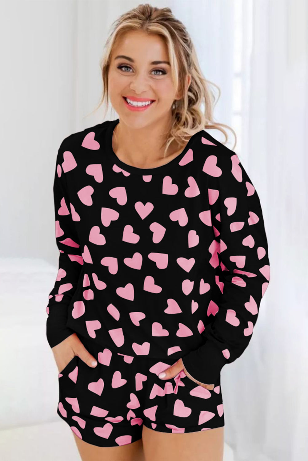 PJJAYS Heart Print Long Sleeve Top and Shorts Lounge Set