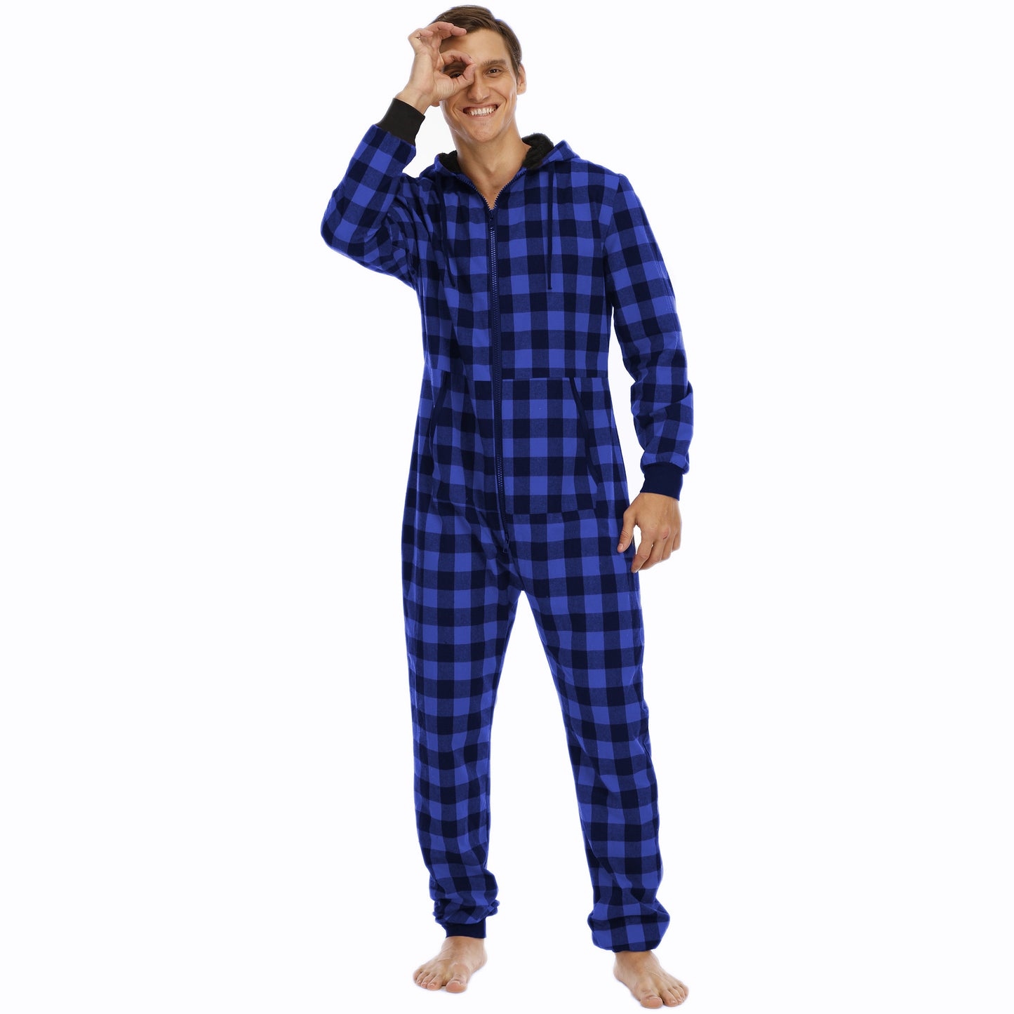 PJJAYS Men's Flannel Check Hooded One-piece Pajamas