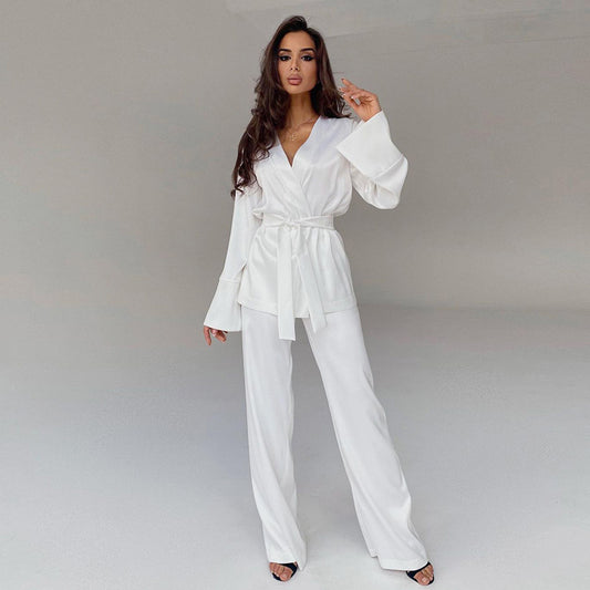 PJJAYS Ice Silk Robe Blouse and Pants Pajamas For Women