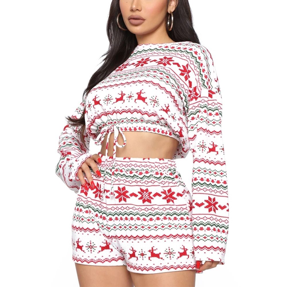 PJJAYS Women Christmas Pajama Sets Long Sleeve Crop Top Shorts 2Pcs
