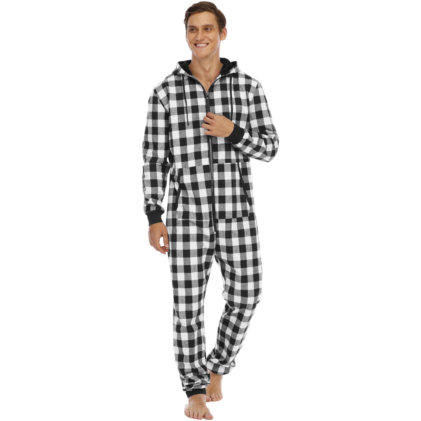 PJJAYS Men's Flannel Check Hooded One-piece Pajamas