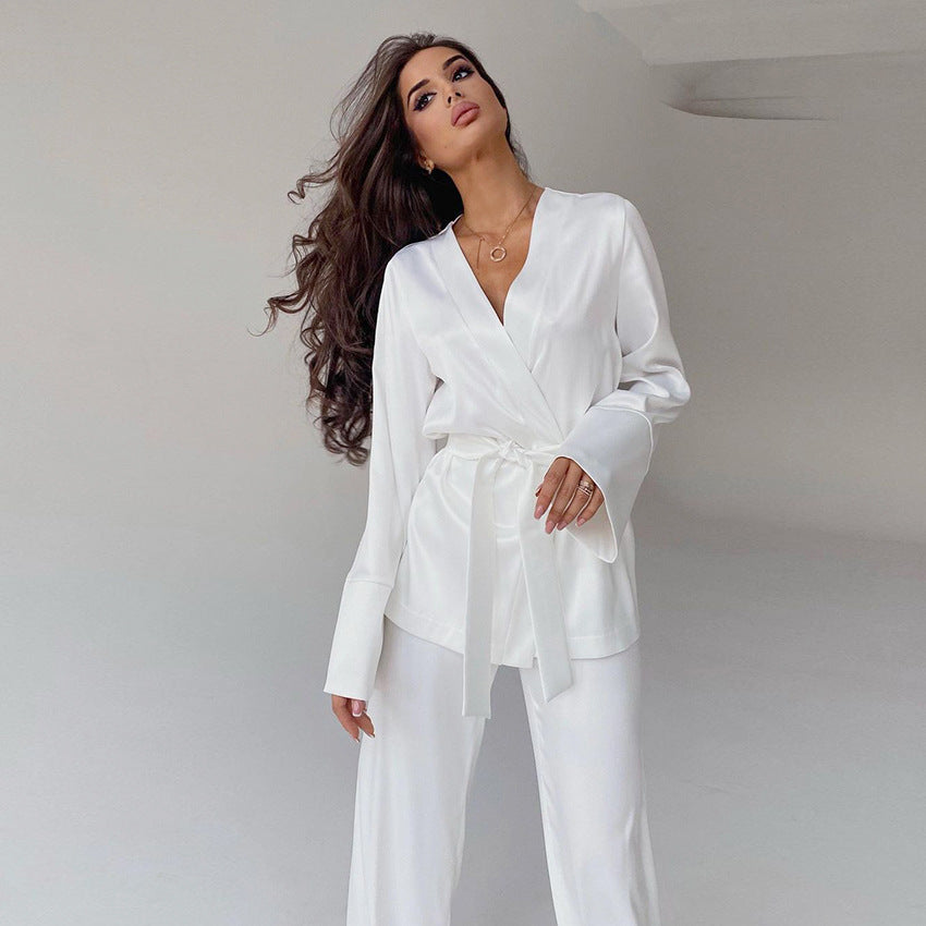 PJJAYS Ice Silk Robe Blouse and Pants Pajamas For Women