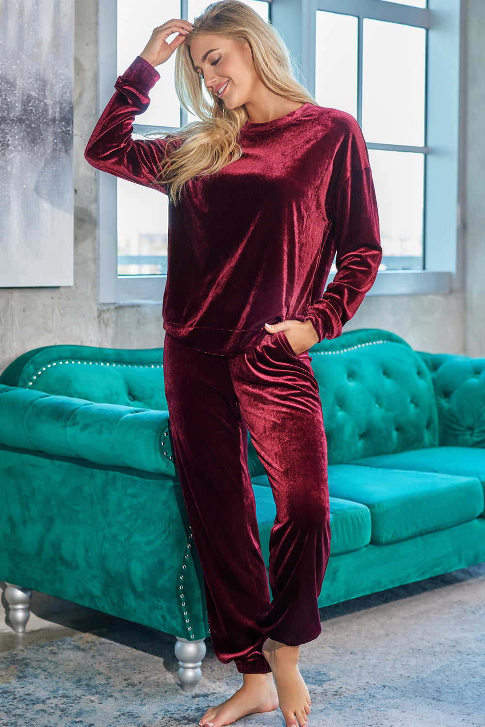 PJJAYS Long Sleeve Wine Top and Pants Lounge Set