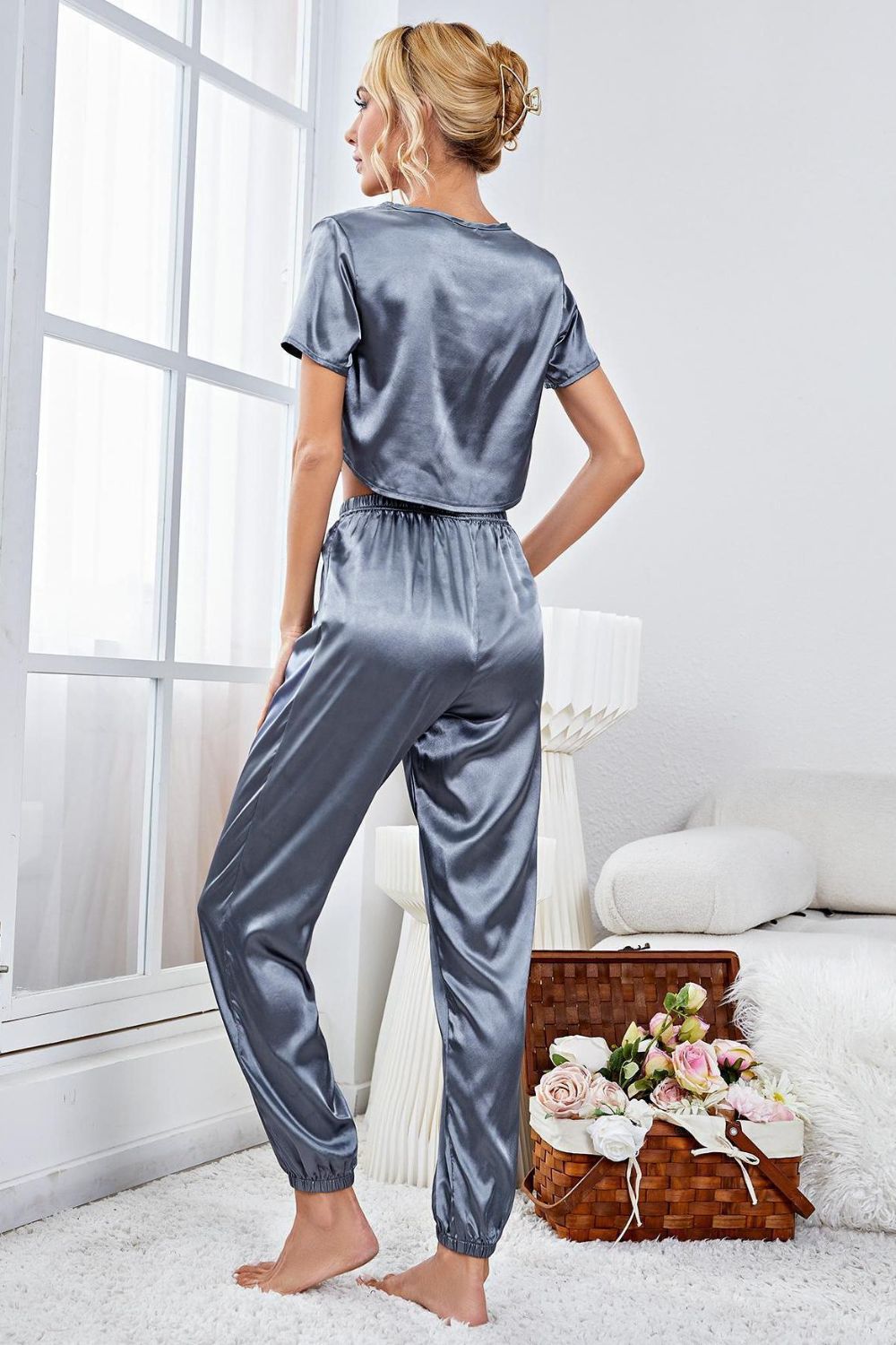 PJJAYS Satin Short Sleeve Crop Top and Joggers Lounge Set