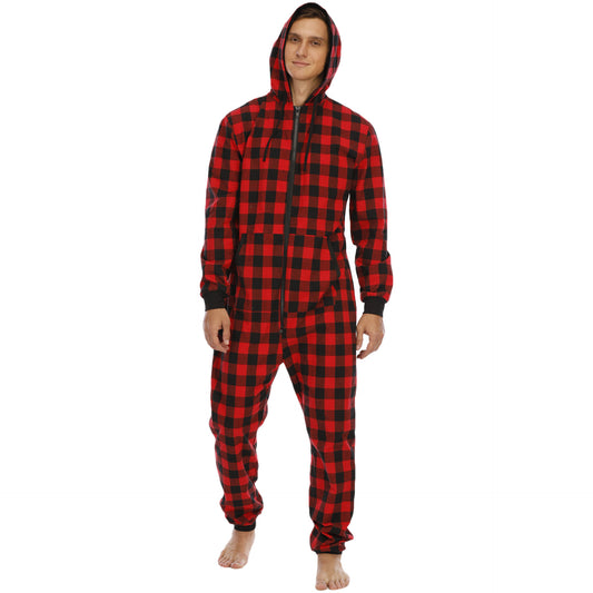 PJJAYS Men's Flannel Check Hooded One-piece Pajamas