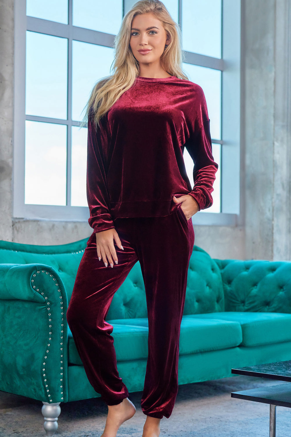 PJJAYS Long Sleeve Wine Top and Pants Lounge Set