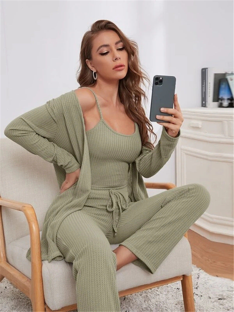 PJJAYS Women's Knitted Top and Trousers Robe Pajamas Three-piece Suit