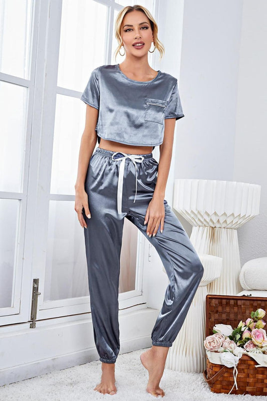 PJJAYS Satin Short Sleeve Crop Top and Joggers Lounge Set